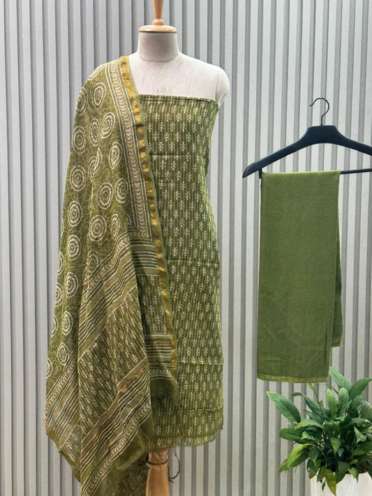 Unstitched Chanderi Silk Suit with Hand Block Print – Green