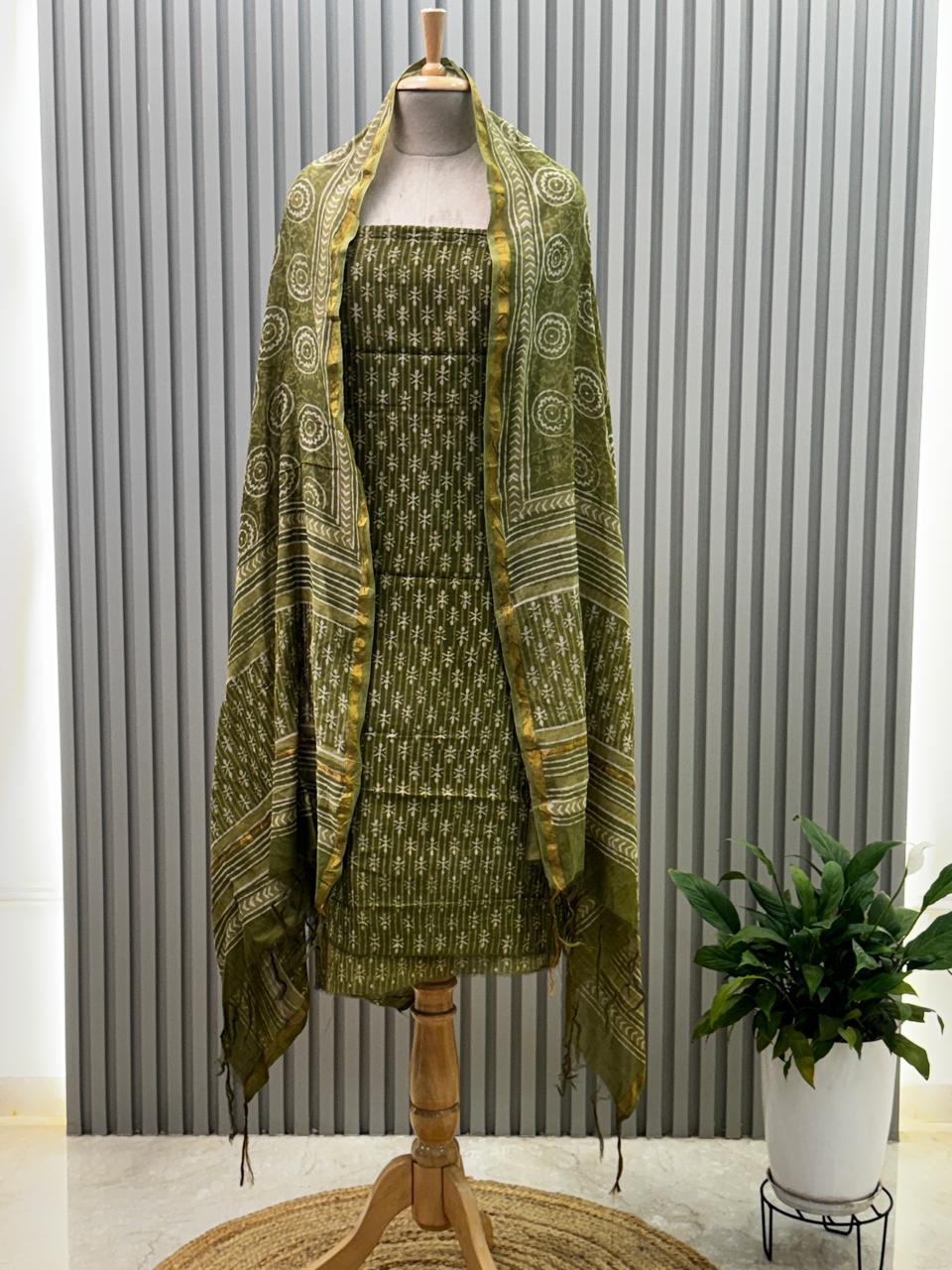 Pure chanderi silk suit with handblock prints