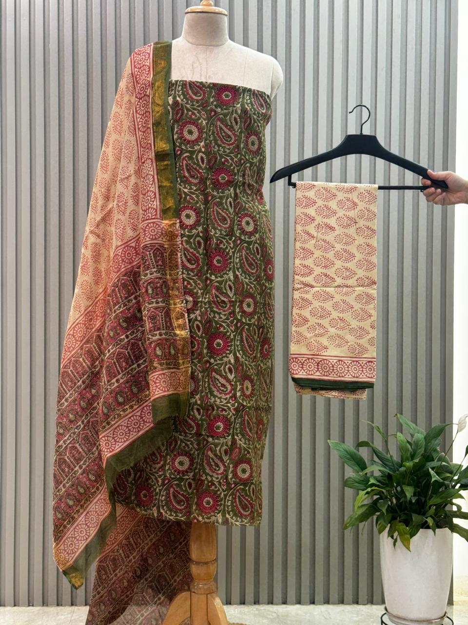 Maheshwari silk suit with handblock prints
