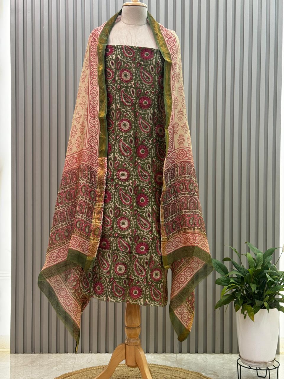 Maheshwari silk suit with handblock prints