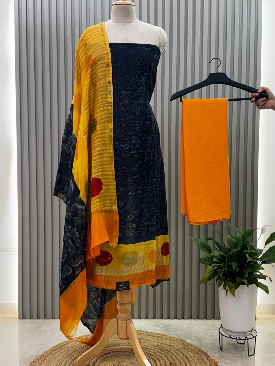 Pure chanderi silk suit with handblock prints