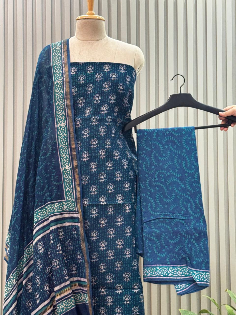 Pure chanderi silk suit with handblock prints