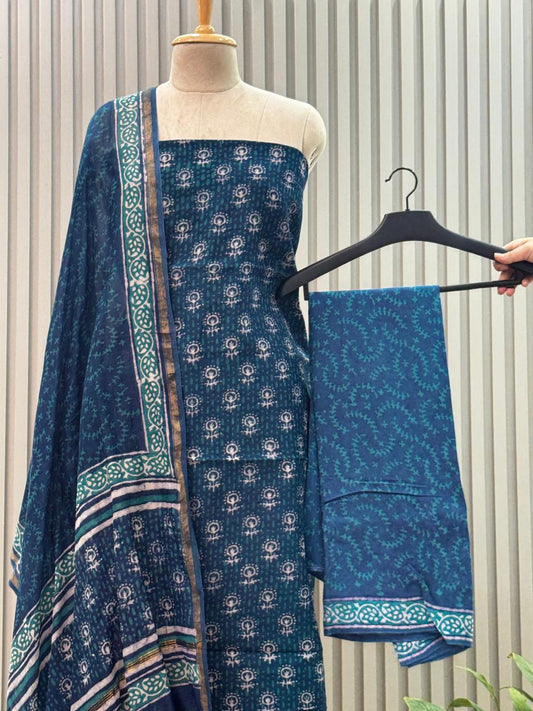 Unstitched Chanderi Silk Suit with Hand Block Print – Blue