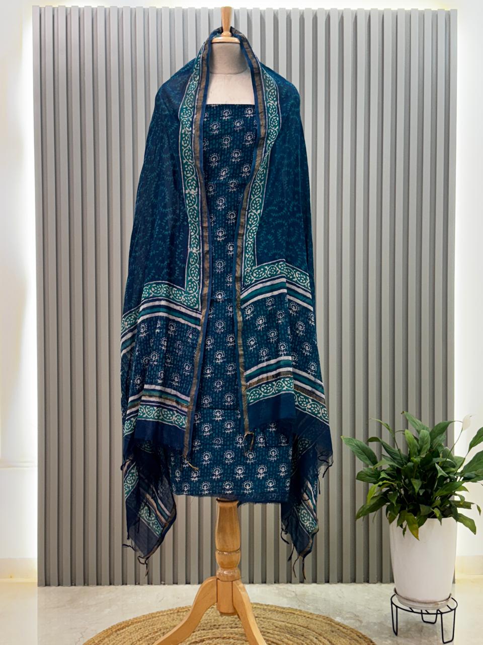 Pure chanderi silk suit with handblock prints