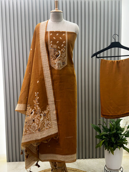 Unstitched Jamdani Weave Munga Cotton Suit – Mustard