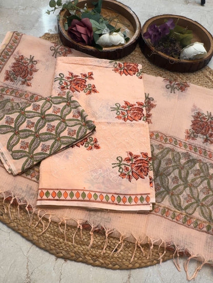 Unstitched Cotton Hakoba Suit with Block Print – Pink