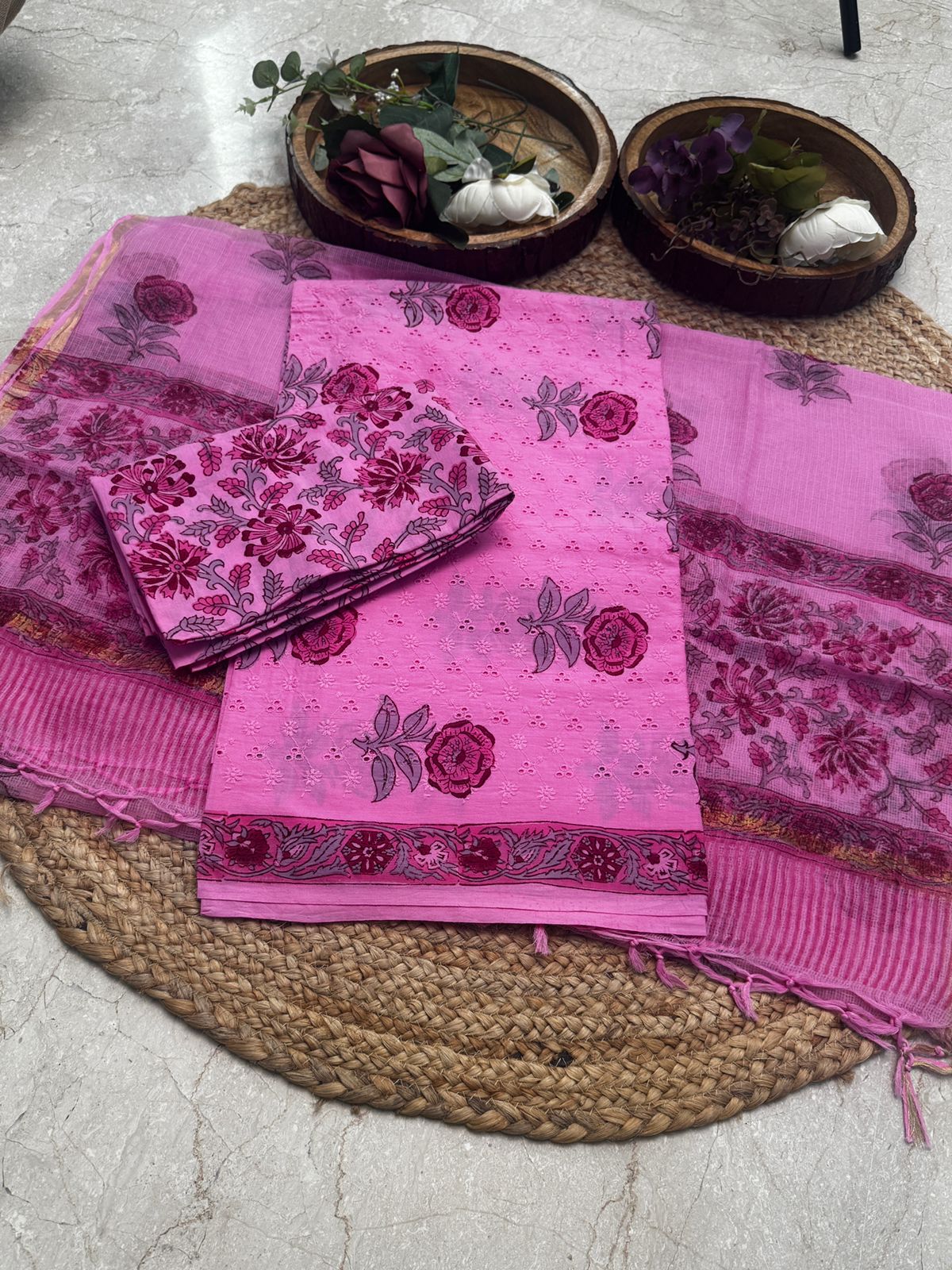 Cotton hakuba suit with block prints