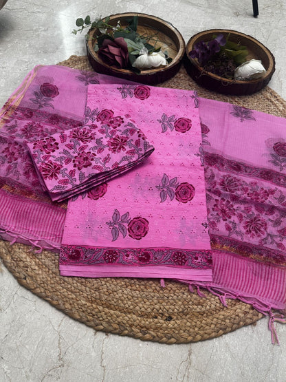 Unstitched Cotton Hakoba Suit with Block Print – Fuchsia Pink