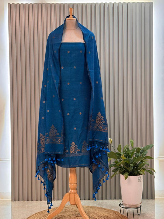 Unstitched Silk Cotton Jamdani Handloom Suit – Blue Design 2