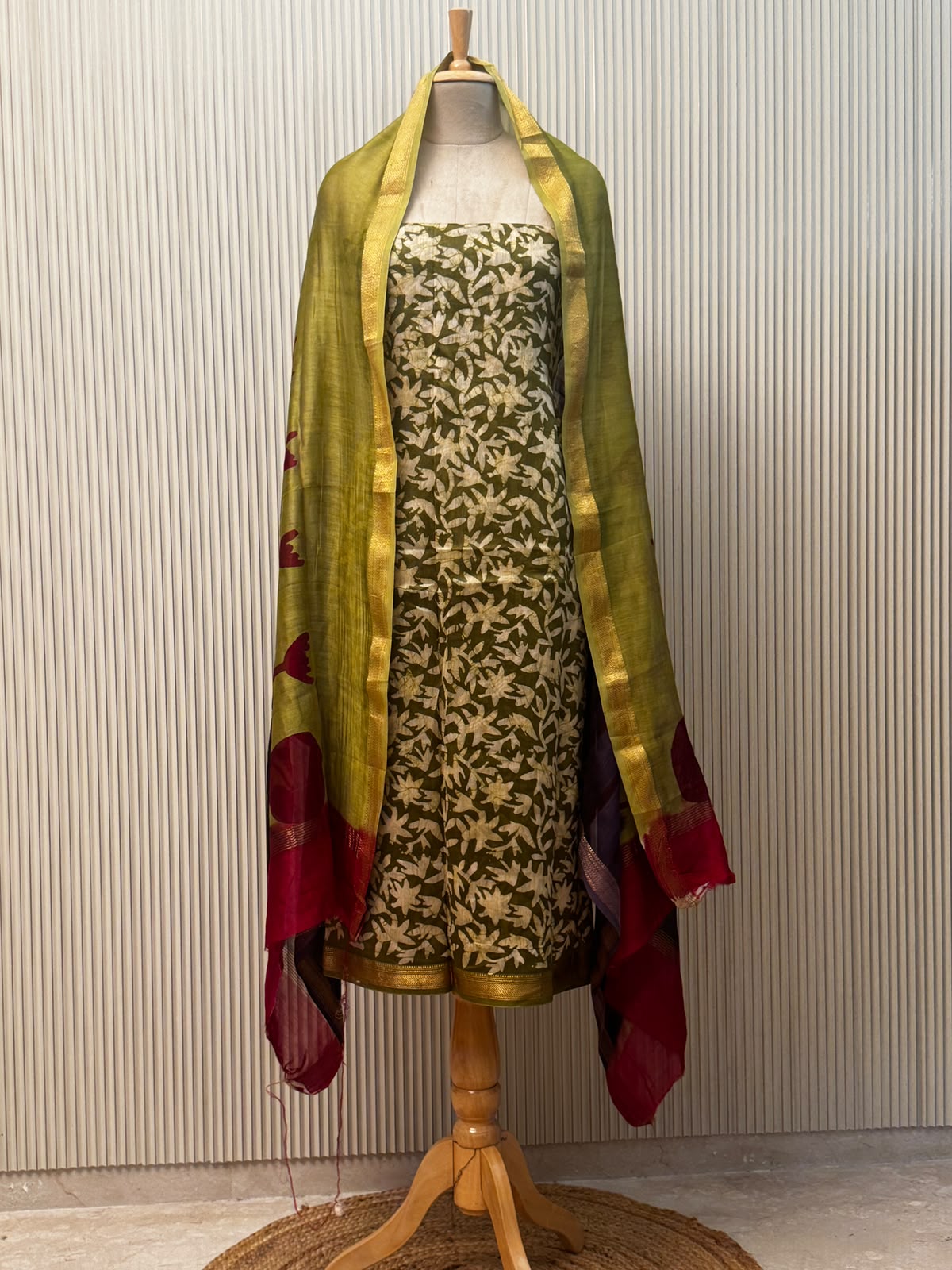 Maheshwari silk suit with handblock prints