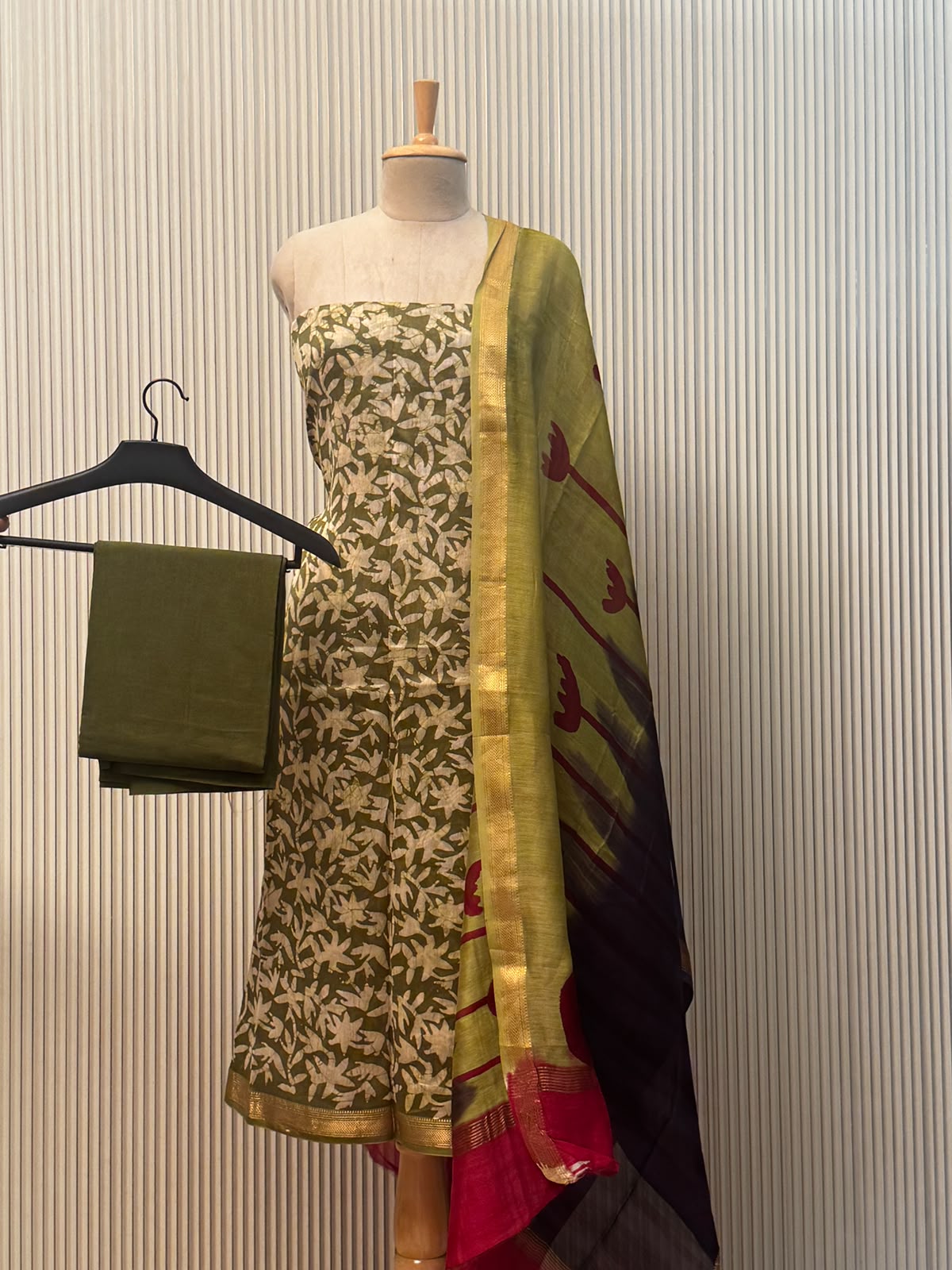 Maheshwari silk suit with handblock prints