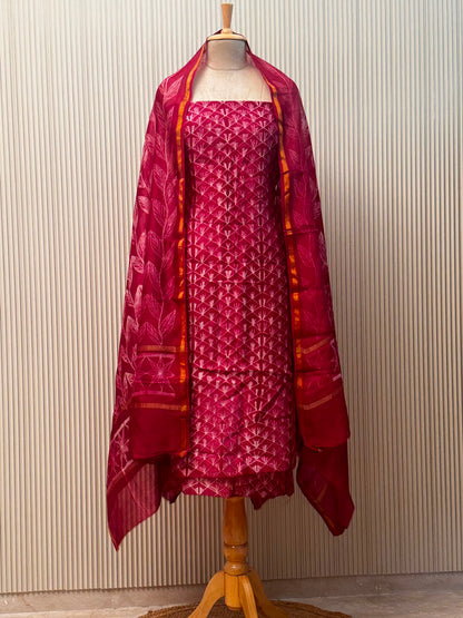 Unstitched Pure Chanderi Silk Suit with Hand Block Prints