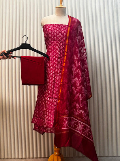 Unstitched Chanderi Silk Suit with Hand Block Print – Fuchsia Pink