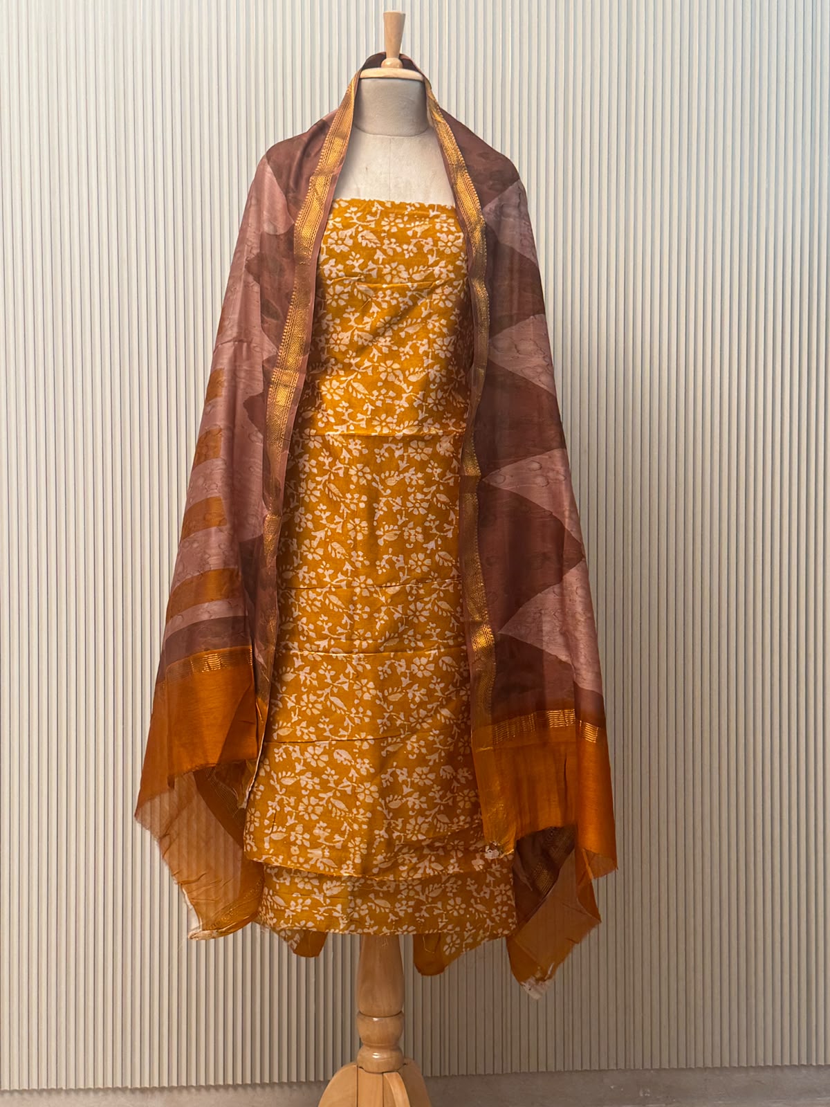 Maheshwari silk suit with handblock prints