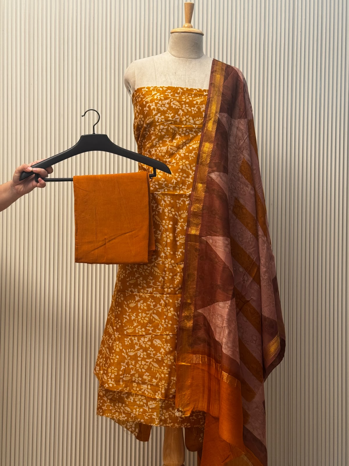 Maheshwari silk suit with handblock prints