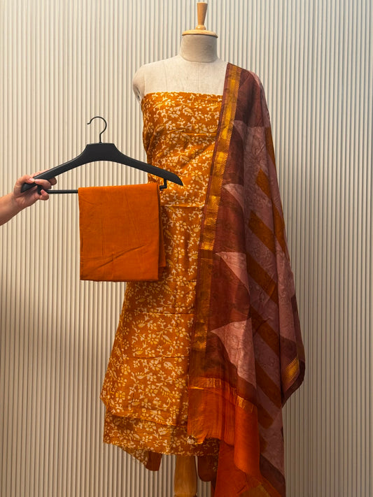 Unstitched Maheshwari Silk Suit with Hand Block Print – Yellow