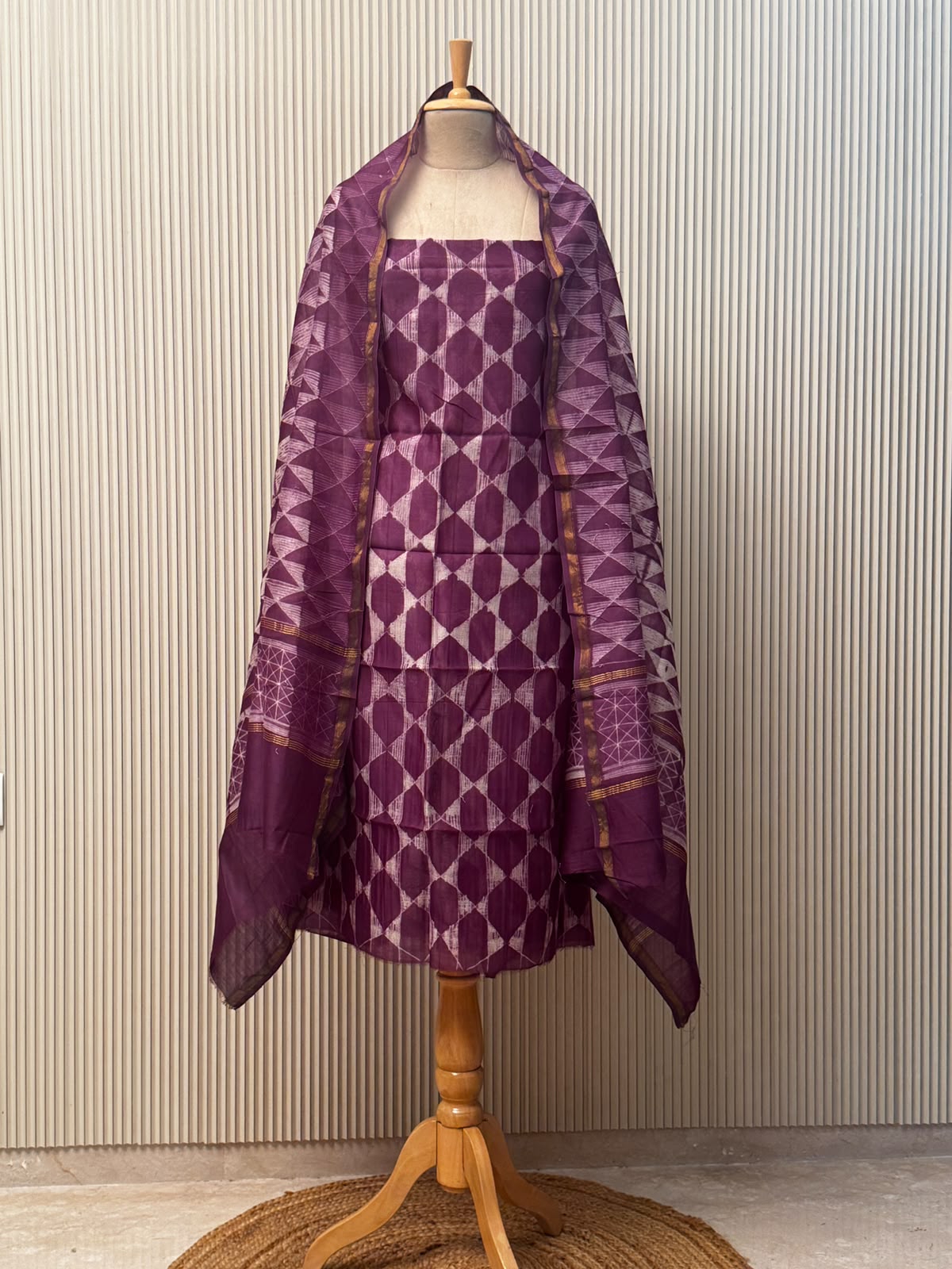 Pure chanderi silk suit with handblock prints