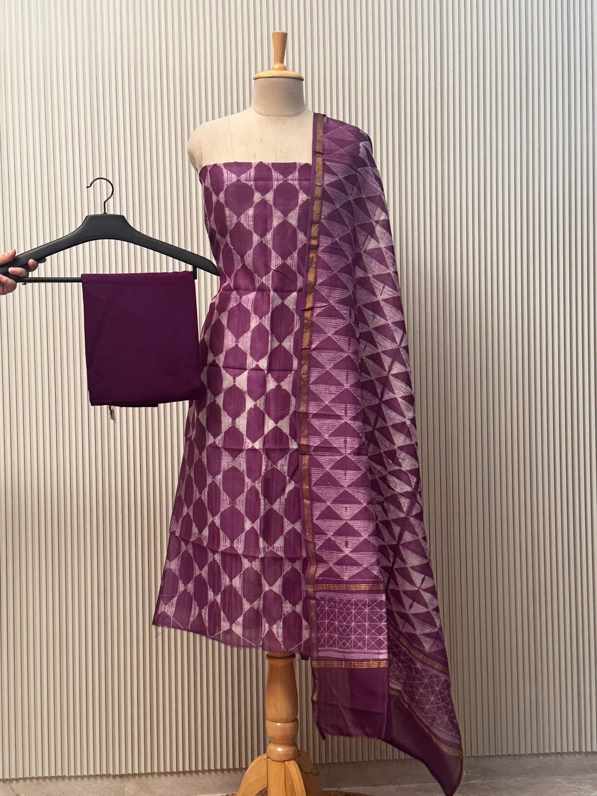 Pure chanderi silk suit with handblock prints