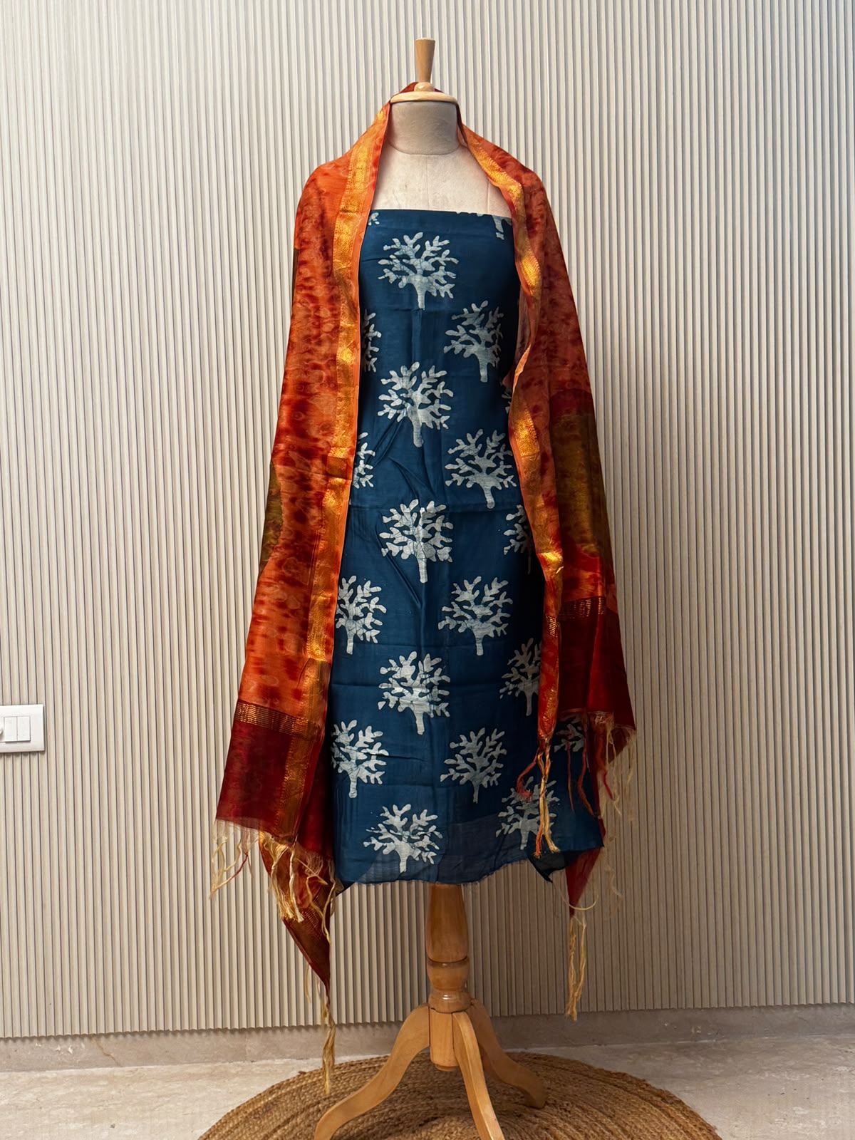 Maheshwari silk suit with handblock prints