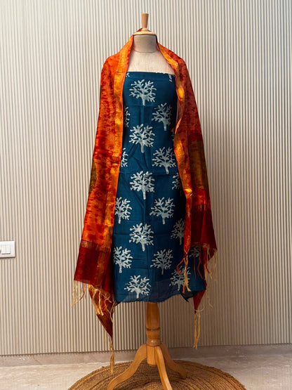 Unstitched Maheshwari Silk Suit with Hand Block Prints