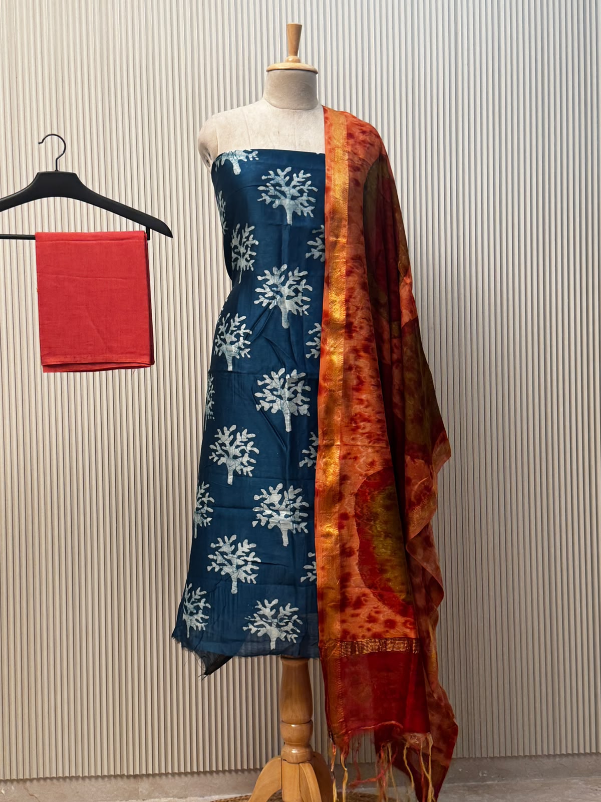 Maheshwari silk suit with handblock prints