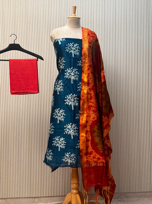 Unstitched Maheshwari Silk Suit with Hand Block Print – Blue