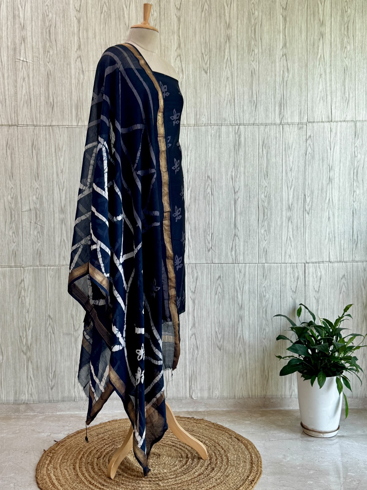 Maheshwari silk suit with handblock prints