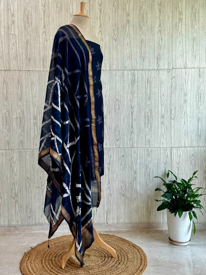 Unstitched Maheshwari Silk Suit with Hand Block Print – Midnight Blue