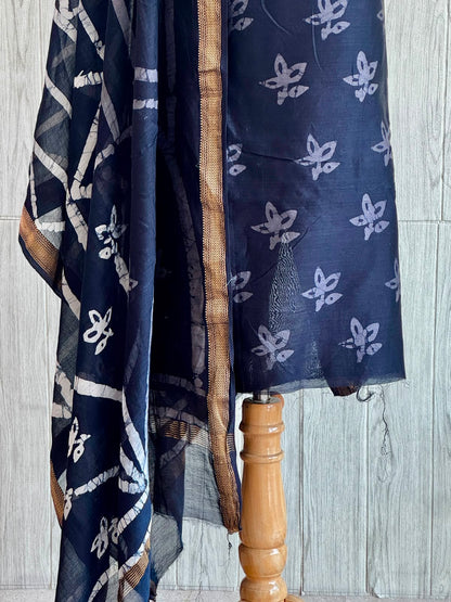 Unstitched Maheshwari Silk Suit with Hand Block Prints