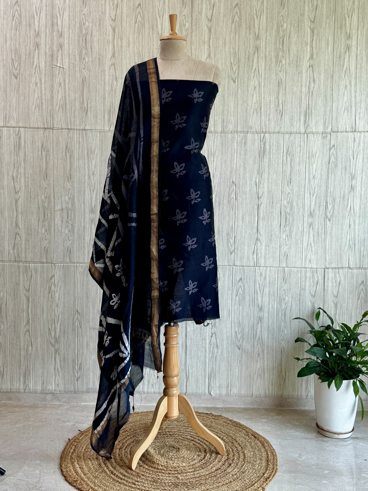 Maheshwari silk suit with handblock prints