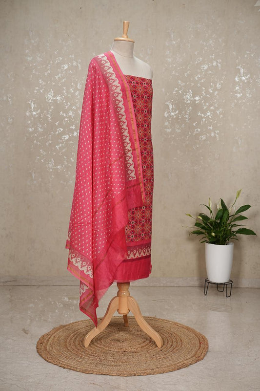 Unstitched Maheshwari Silk Suit with Patola Print – Fuchsia Pink
