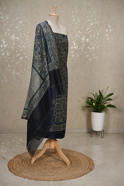 Unstitched Maheshwari Silk Suit with Patola Print – Blue Design 2
