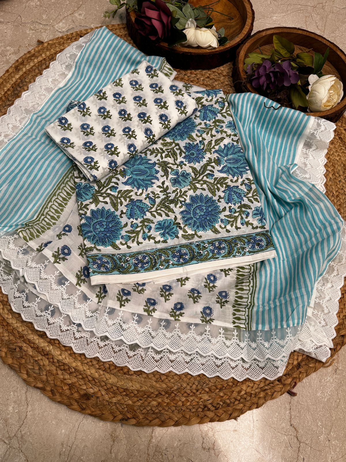 cotton block print suit with lace dupatta