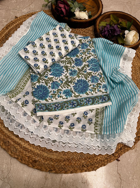 Unstitched Cotton Block Print Suit with Lace Dupatta – Light Blue