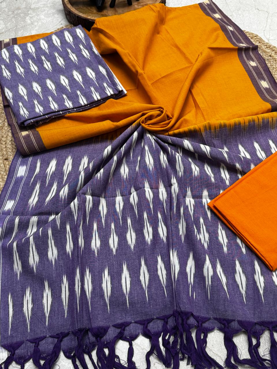 Unstitched Pure Cotton Handloom Ikkat Suit – 3 Pc Set