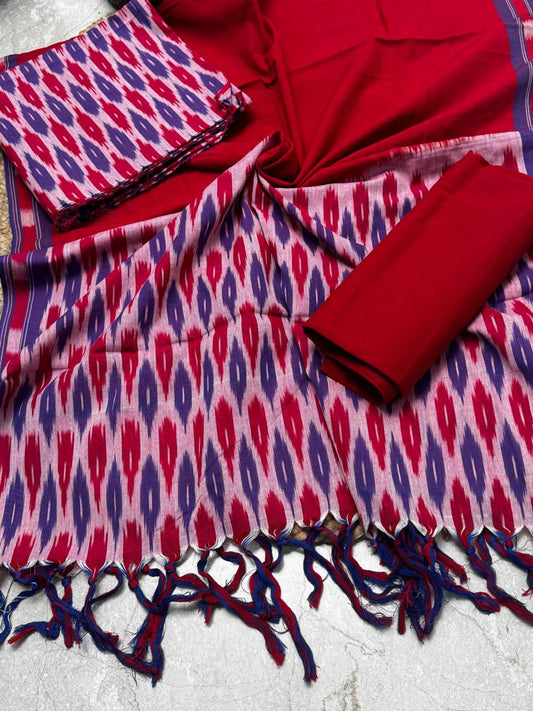 Unstitched Cotton Handloom Ikkat Suit – Burnt Red