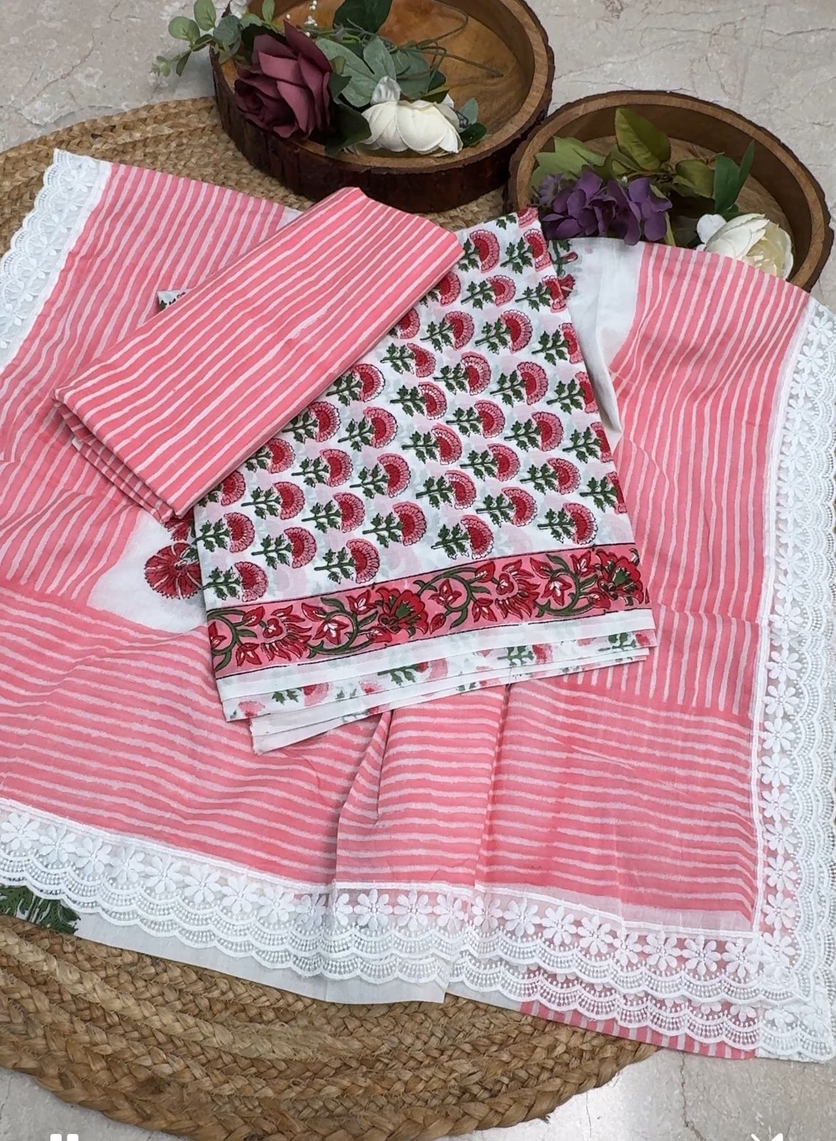 cotton block print suit with lace dupatta