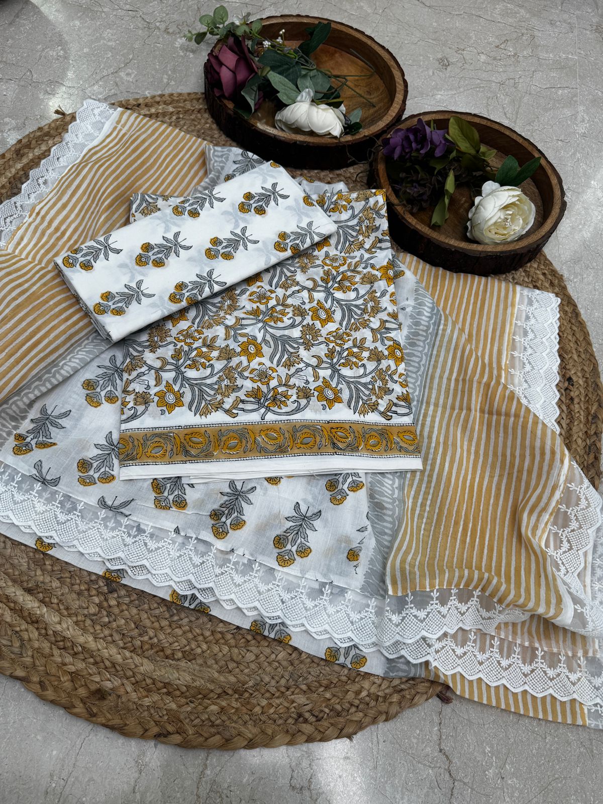 cotton block print suit with lace dupatta