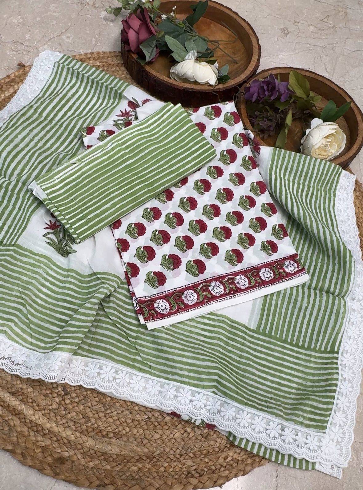 cotton block print suit with lace dupatta