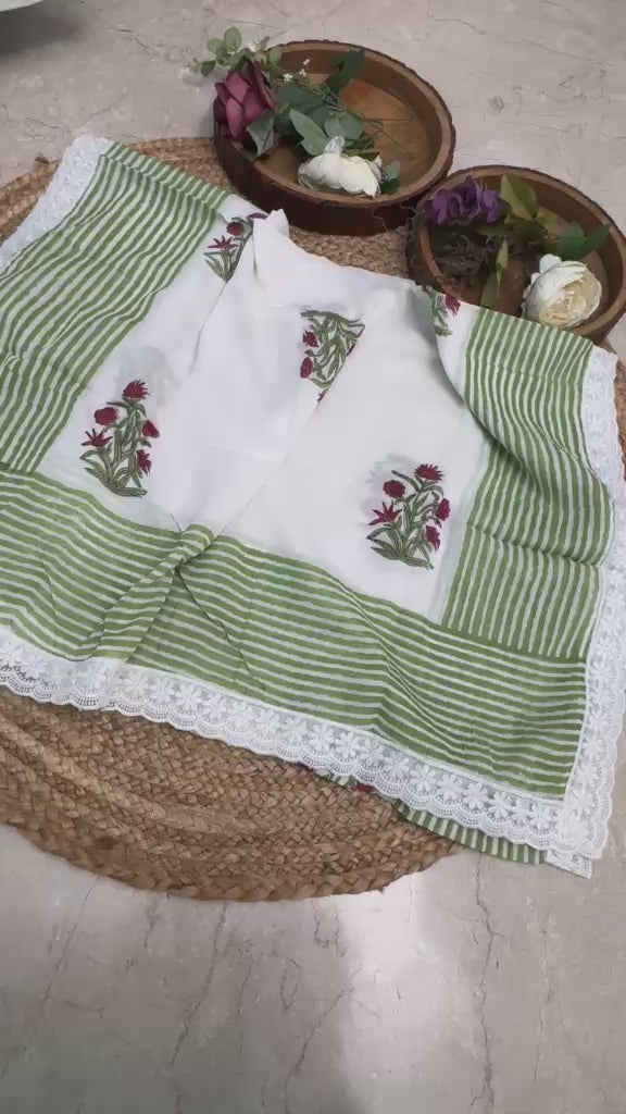 cotton block print suit with lace dupatta
