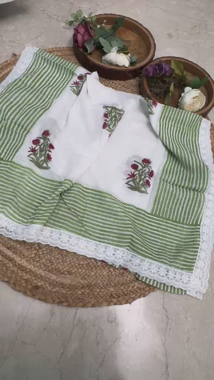 Unstitched Cotton Block Print Suit with Lace Dupatta
