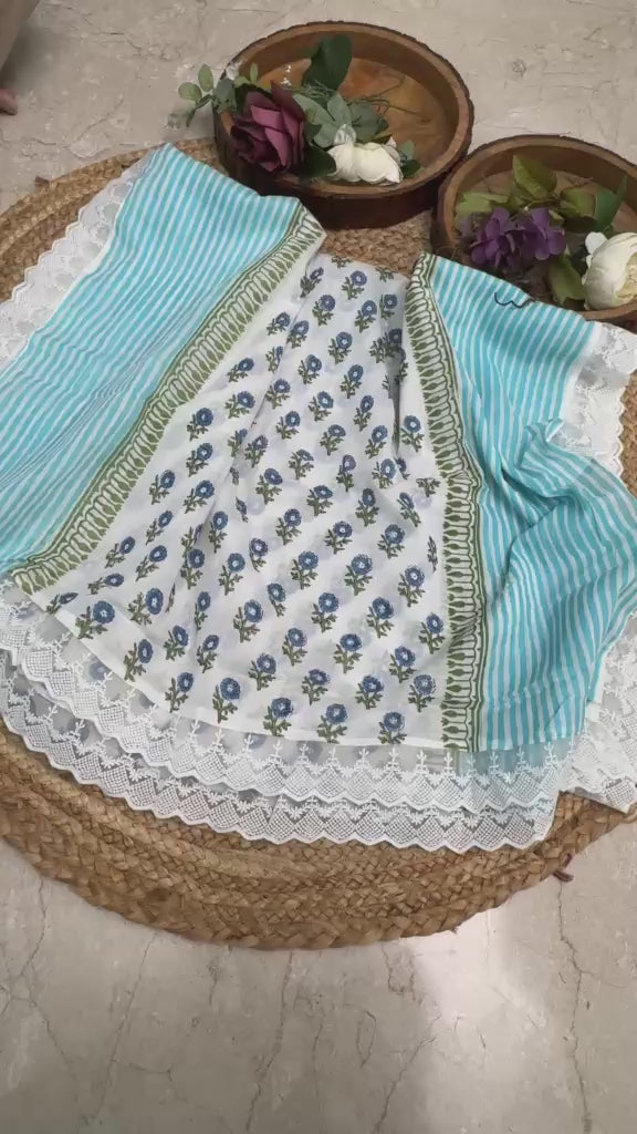 cotton block print suit with lace dupatta