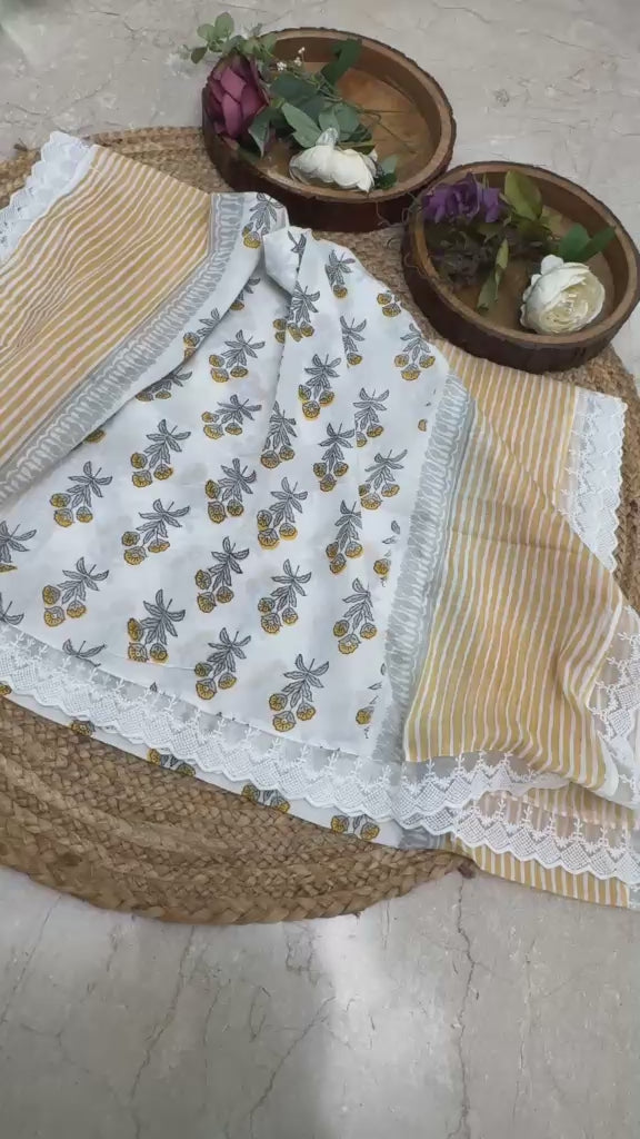 cotton block print suit with lace dupatta
